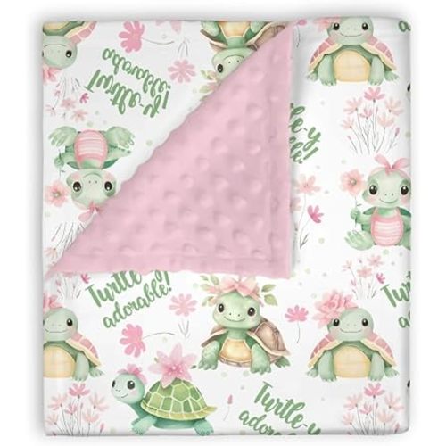 Mink Baby Girl Blanket Sea Turtle Pink Green Floral, Turtley Adorable Flower Soft Double Layer Dotted Backing Receiving Swaddle, Newborn Infant Toddler Nursery Crib Bedding Shower Gift 30 x 40