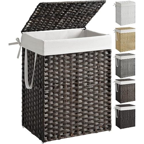 SONGMICS Laundry Hamper with Lid, 23.8 Gallon (90L) Synthetic Rattan Clothes Laundry Basket with Lid and Handles, Foldable, Removable Liner, Summer Sand ULCB051LZ01