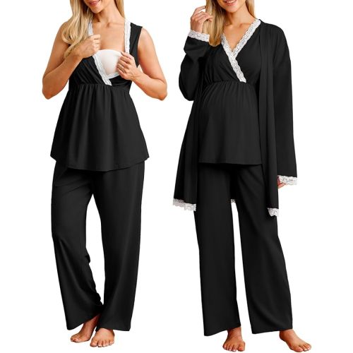 OUGES Womens Cotton Blend Maternity Nursing Robe Set 3 PCS Postpartum 3 in 1 Labor Delivery Hospital Pjs Tank Top & Pants