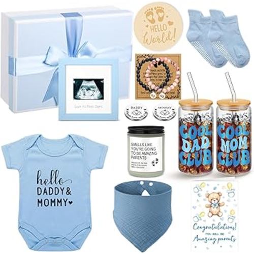 13 Pcs New Mom Gifts for Boys Baby Shower Basket Gift Pregnancy New Parents Basket Gift for Couples Gender Reveal Gifts with Mom and Dad Baby Showers Care Package for First Time Moms