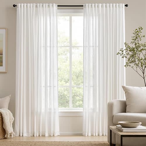 jinchan White Sheer Curtains 84 Inches Long 2 Panels Set Light Filtering Window Drapes for Bedroom Living Room Soft Textured Semi Sheer Privacy Curtains with Back Tab & Rod Pocket