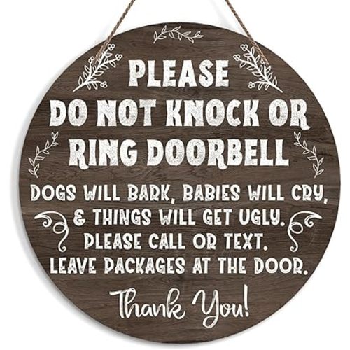 Baby Sleeping Sign for Front Door, Do Not Knock or Ring Doorbell Door Decorations, Wooden Hanging Sign for Farmhouse Porch Nursery, No Soliciting Door Hanger for Outdoor, Kids Room Wall Decor -42