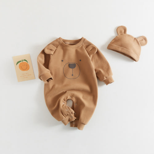2pcs Baby Boy/Girl Bear Print 3D Ear Solid Color Pullover Romper with Hat Set