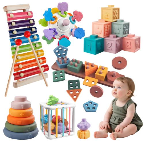 Somnr 6-in-1 Montessori Baby Toys for 1 Year Old - Wooden Stacking Blocks, Shape Sorter & Xylophone with Teething Rings, Learning Toys for Babies 6-12 Months (Toddler Gift Set)
