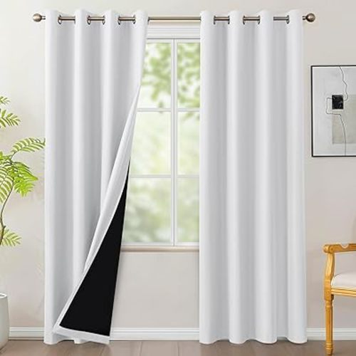 BONZER 100% Blackout Curtains for Bedroom - Light Blocking Window Drapes with Black Backing, Privacy Protection Single Layer Room Darkening Curtain for Living Room, 54 x 84 Inch, White, 2 Panels