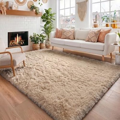Amdrebio Beige Boho Fluffy Shag Neutral Area Rug 5x7 for Bedroom Nursery