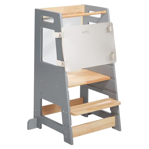 Toddler Kitchen Stools Helper with Adjustable Height and Anti-Slip Protection, Kids Standing Tower with Safety Rail, Kids Montessori Stool with Learning Chalkboard, Gray