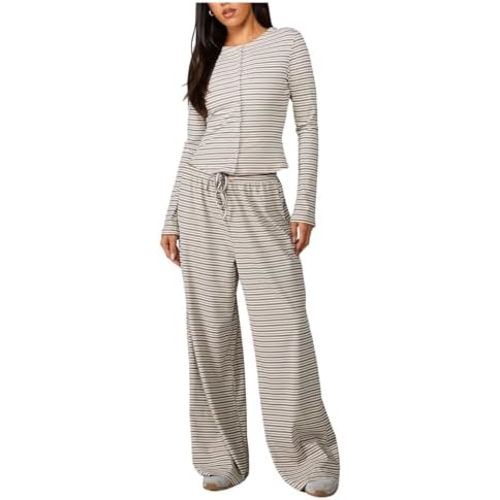 WDIRARA Women's Striped 2 Piece Pants Outfits Long Sleeve Button Down Knit Top Set Leisure Fall Casual