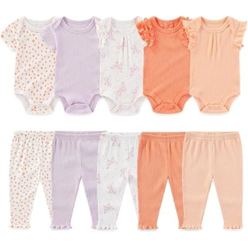 Kiddiezoom Newborn Baby Layette Set 10-Piece with Bodysuits and Pants Set for Unisex Baby Gift Sets