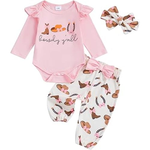 Western Baby Girl Fall Clothes Newborn Long Sleeve Letter Romper Pants Set 3Pcs Infant Cowgirl Country Outfit