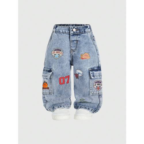 SHEIN Baby Denim Cool Retro Baggy Long Pants Decorated With Basketball Embroidery Side 3D Cargo Pockets Loose Fit Suitable For Active Daily Wear Blue Summer