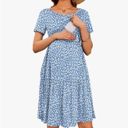 Ekouaer Nursing Dress Summer Short Sleeve Breastfeeding Casual Knee Length Maternity Dresses S-XXL