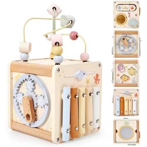 Wooden Activity Cube, 6-in-1 Montessori Toy for 1 2 3 Year Old