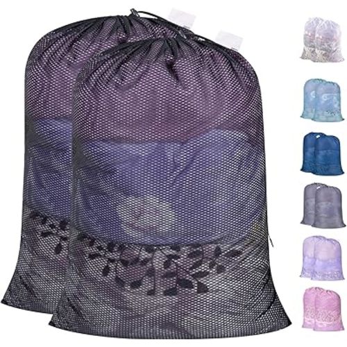 Polecasa Heavy Duty Large Mesh Laundry Bags with ID Tag and Locking Drawstring Closure - 2 Pack, 24 x 36 inches - Laundry Hamper Liner, Washable Laundry Bag for Travel, Sports, Dorms (Black)