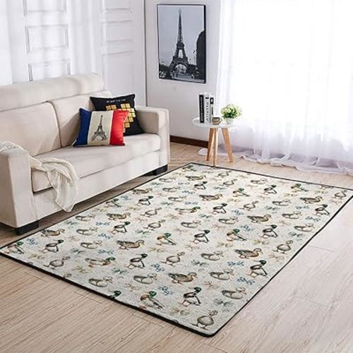 Vintage Duck Bows Floral Nursery Area Rugs for Baby Girl Boy Green Mallard Ducks Kids Floor Mats for Nursery Kids Room Bedroom Home Decor Hunting Duck Bird Throw Carpet Playmat 48x72inch
