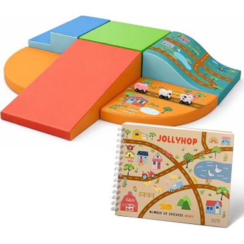 6-Piece Foam Climbing Blocks for Toddlers with Wooden Cars & Sticker Book, Glow in the Dark Race Track Soft Play Set, Indoor Kids Climbing Toys, CertiPUR-US® Foam, PU Leather