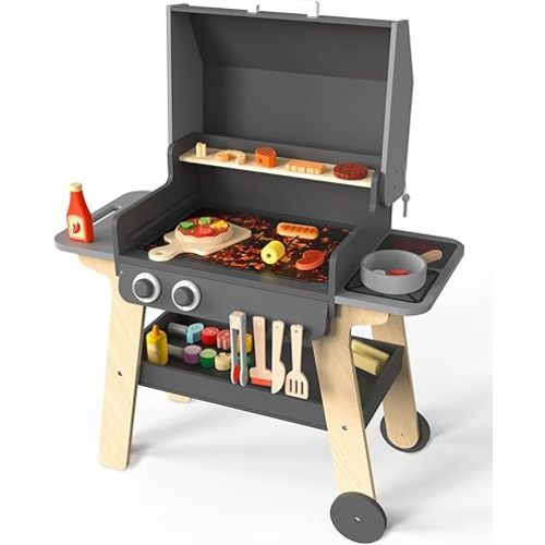 Kids BBQ Grill Playset Play Kitchen Toy for Toddlers & Children Ages 3-8, Wooden Outdoor Indoor Pretend Play Cooking Toys with Toy Food and Grilling Tools, for Girls & Boys