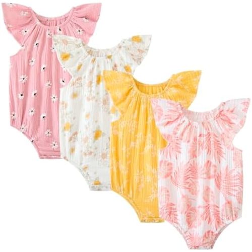 MAMIMAKA Newborn Baby Girl Sleeveless Rompers Ruffle Bodysuits Infant Outfits 4 Pack