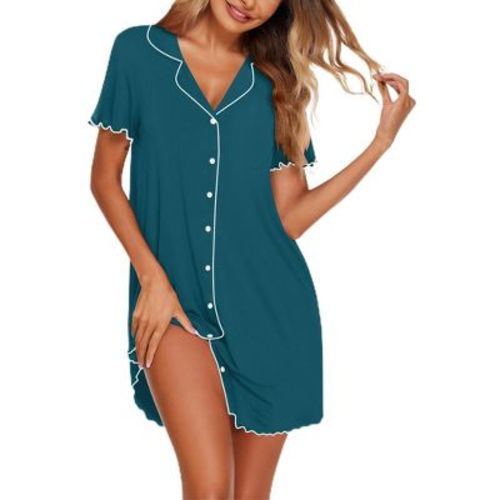 Ekouaer Cotton Nightgowns for Women Button Down Sleep Shirts Short Sleeve Night Gown Boyfriend Sleepwear Soft Night Shirts&nbsp;Blue Green&nbsp;M