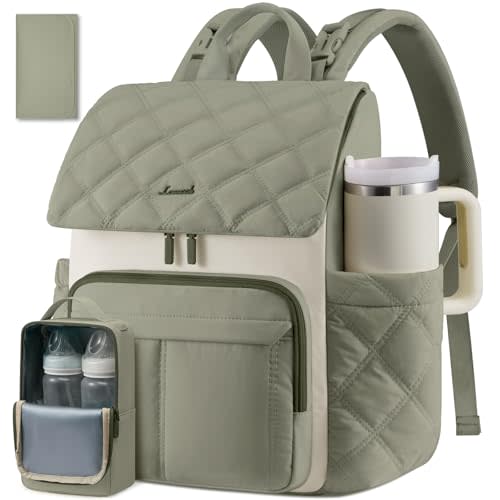 LOVEVOOK Diaper Bag Backpack With Pocket For Large Capacity Cup,Multi-Function Baby Travel Bag For Mom Dad,Waterproof Baby Bag for Boys Girls with Changing Pad,Insulated Bag,Stroller Straps,Green