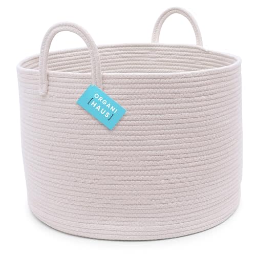OrganiHaus Large Laundry Basket, Woven Cotton Rope Basket for Blankets, Toy Storage, Nursery Hamper, Living Room Decor Organizer, Soft & Durable Hamper with Handles, 20x13 inches - Off-White