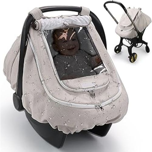 Waterproof Car Seat Cover for Baby, 2-Layer Car Seat Rain Cover with Clear Window & Sunshade & Mesh Cover, Universal Infant Carseat Canopy for Stroller, Protect from Rain and Snow - Beige