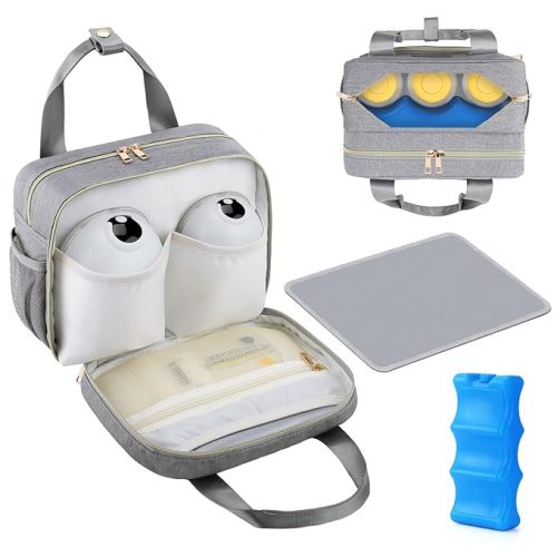 PIIOSER Breastmilk Cooler Bag with Ice Pack, Compatible with Wearable Breast Pumps & Accessories - Portable Pumps Carrying Case for Nursing & Working Moms (Grey-Small)