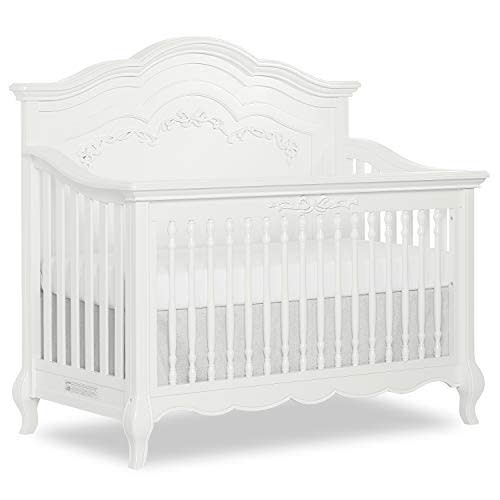 évolur Aurora 5-in-1 Convertible Full-Size Baby Crib in Frost White, GreenGuard Gold & JPMA, 3 Levels, Ribbon Bow Scrollwork & Queen Anne Feet, Converts to Toddler, Day & Full-Size Bed (Rails to Buy)