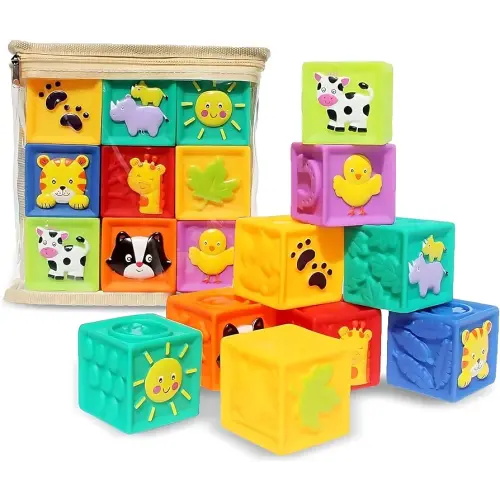 Kingtree Baby Blocks, 9PCS Soft Squeeze Building Blocks Stacking Toys for 6+ Months Babies, Baby Teething Chewing Educational Blocks Set with Numbers Animals Shapes Textures