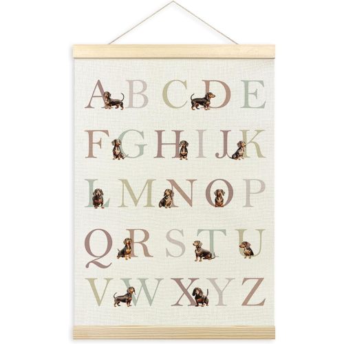 Dachshund Alphabet ABC Chart Poster Hanger Frame, Homeschool Preschool Hanging Wall Art Decor for Dachshund Lover Toddler Kids Room Nursery Playroom, Wiener Dog ABC Print Picture Banner, 12x16
