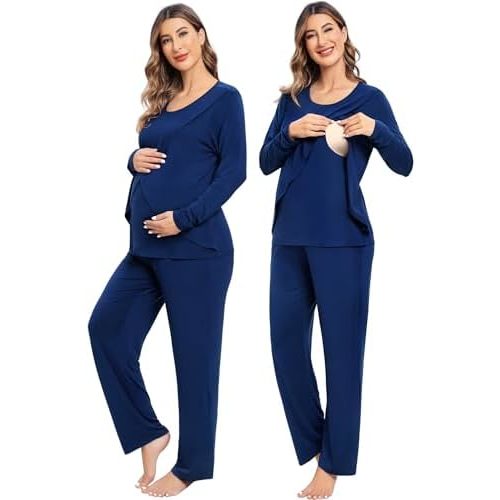SWOMOG Women Maternity Pajama Set Nursing Pjs Double Layer Long Sleeve Top & Pants Breastfeeding Pregnancy Set with Pockets