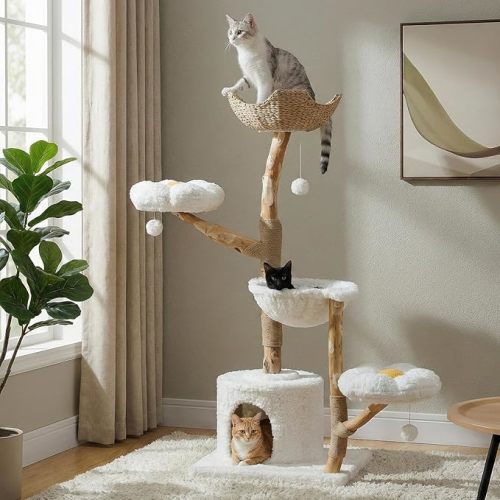 59" Modern Cat Tree Tower for Large Cats w/2 Flower Perches-Natural Solid Wood Scratching Post with Real Branch-Luxury Boho Cat Furniture w/Condo & Wicker Basket Bed, Cloud White