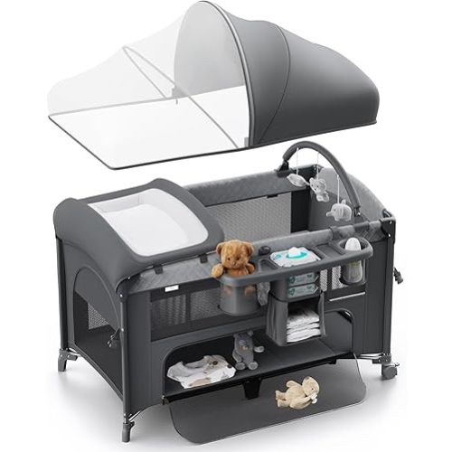 4 in 1 Baby Bassinet, Pack and Play, Bedside Crib Sleeper, Diaper Changer - Comes with Mattress, Mosquito Net, Bottom Storage and Toy Bar for Newborn to Toddles