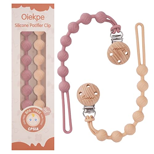 Pacifier Clips for Baby Boys Girl - 100% Food Grade Silicone, One Piece Pacifier Clip Holder, Wooden Clips Design, Paci Clip Soothe Baby Binky Holder for Shower Birthday Gift(Apricot+Powder Rose)