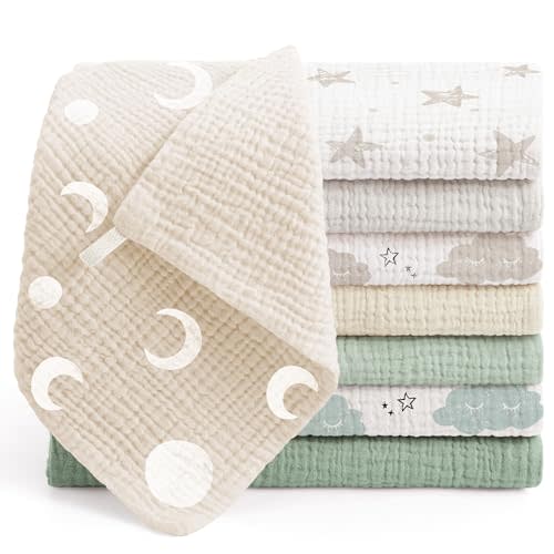 Bearmoss Muslin Burp Cloths 100% Cotton Cloths Baby Burp Cloths Muslin Washcloths Ultra-Absorbent Soft Baby Face Towel Burping Clothes for Newborn Burp Cloths Baby Boys and Girls 20"x10" (GrayGreen)