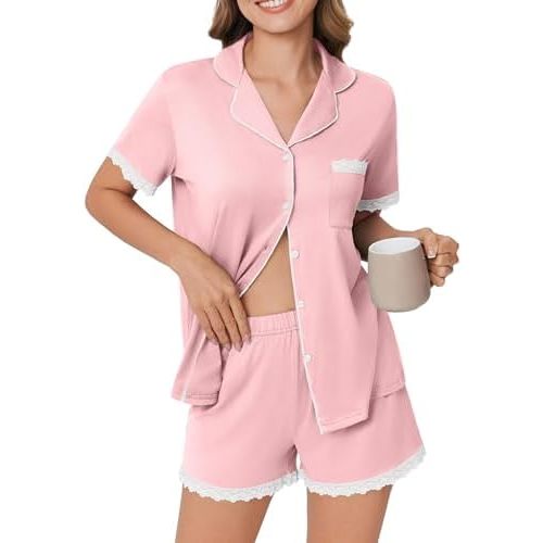 Ekouaer Womens Short Sleeve Pajamas Set Soft Sleepwear Button Down Lounge Set Lace Top and Shorts Pj Nightwear