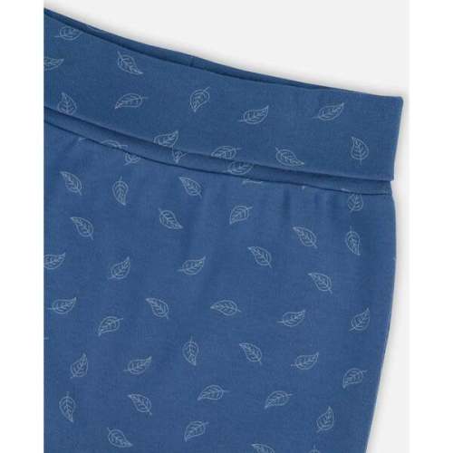 Organic Cotton Evolutive Pants Blue Printed Leaves, Blue Leaf Print - Deux par Deux | Maisonette