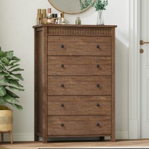 Fluted 5 Drawer Dresser, Walnut 5 Chest of Drawers Nightstand with Fluted Design, 48in Tall Wooden Dresser Closet for Bedroom Living Room Nursery
