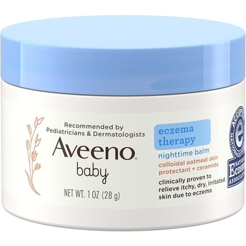 Aveeno Baby Eczema Therapy Nighttime Moisturizing Balm, Colloidal Oatmeal & Ceramide, Soothes & Relieves Dry, Itchy Skin from Eczema, Hypoallergenic, Fragrance-Free, Travel Size, 1 oz