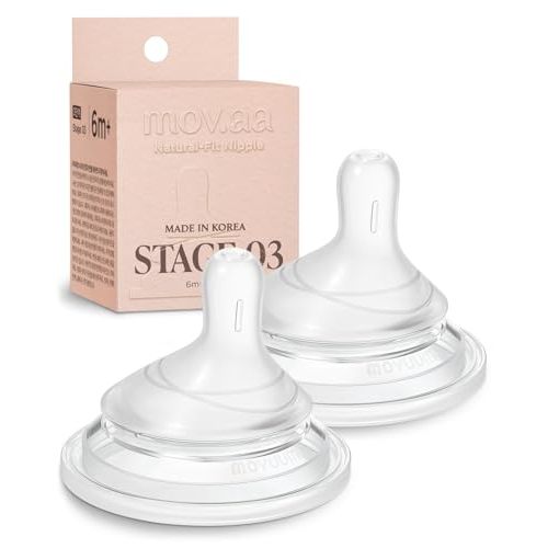 Moyuum Natural Fit Silicone Nipple for MOV.aa Bottles, Made in Korea - Perfect for Newborn, Anti-Colic Feed, Easy to Latch for Infant, from Breast to Bottle | Stage 3, Fast Flow, 6m+ (2 Pack)