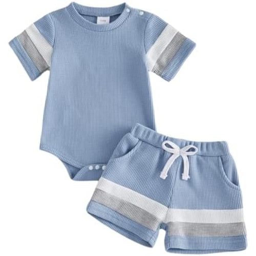Kuriozud Newborn Baby Boy Summer Clothes Button Short Sleeve Romper Bodysuit Shorts Set Infant Soft Waffle Outfit