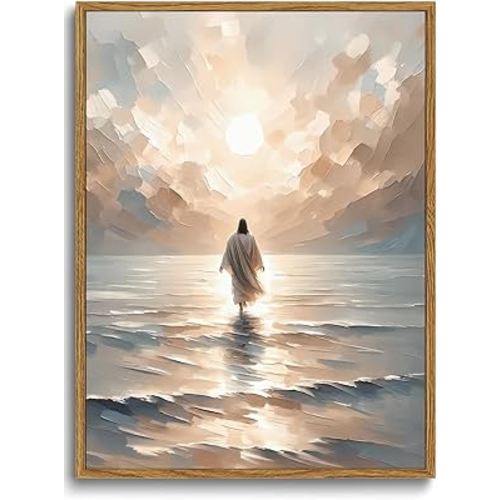 KISSFOX Jesus Canvas Wall Art Jesus Walking On Water Framed Wall Art Christian Religious Modern Serenity Prayer Canvas Art Prints Artwork For Prayer Room Living Room Bedroom Kitchen, 12x16 inch