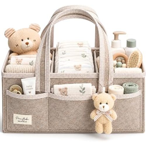 PeraBella Baby Diaper Caddy Organizer, XL Baby Basket Shower Gift Caddy, Portable Felt Changing Table Basket, Nursery Storage Bin, Newborn Boy and Girl Essentials for Registry, Car Diaper Organizer