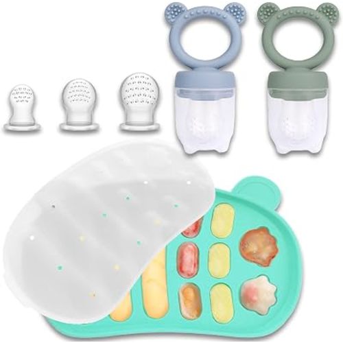 JEXFUN Silicone Baby Fruit Food Feeder Pacifier & Freezer Tray Set, Breastmilk Popsicle Mold for Teething, Silicone Baby Food Storage Containers for Baby Teething & Infant Self Feeding, BPA Free, B