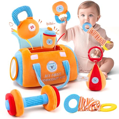 Baby Toys 3-6-12 Months Sensory Toy for Babies Workout Dumbbell Weights Toy Set with Rattles,Crinkle,Mirror & Teether,Montessori Toys for 6 Month Old Infant Baby Girl Boy Gifts