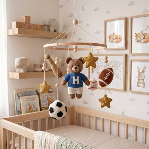 Baby Vintage Nursery Mobile, Football Bear Mobile, Soccer Bear Mobile, Sports Nursery Decor, Baby Boy Shower Gift Idea, Baby Shower Gift