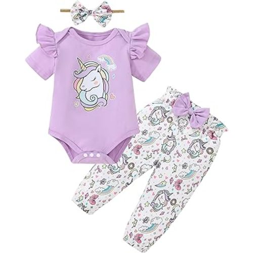 DISAUR Baby Girls Clothes Newborn Infant Baby Girls Outfit Long Sleeve Ruffle Romper Floral Pants Headband Sets 0-18 Months