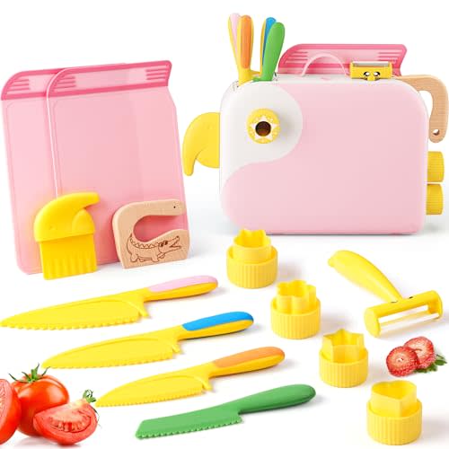 Toddler Girl Cooking Set with Storage Box-Girls Pink Kitchen Set,Safe PP Material Baby Girl Montessori Kitchen Tools for Real Cooking,Dishwasher Safe,Fun Bird-Shaped Little Chef Set