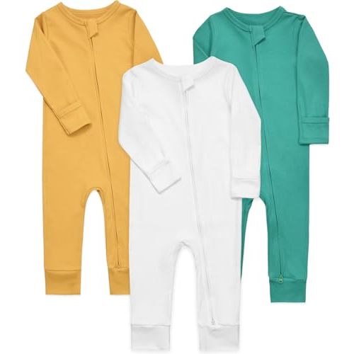 Aablexema Baby Cotton Footless Pajamas with Mitten, 3-pack Infant Romper Zip Up One Piece Jumpsuits Outfit