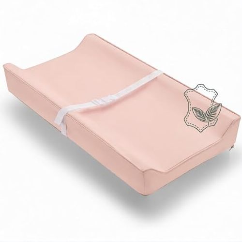 Vegan Leather Contoured Baby Changing Pad | Waterproof & Wipe-Clean PU Leather Diaper Change Mat, Soft, Wipeable Cover, Safety Strap, Non-Slip Bottom, Topper for Standard Infant Diaper Table & Dresser